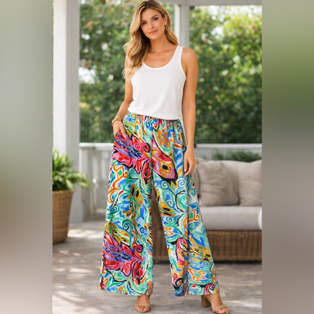 Caleooa Abstract Print Wide Leg Pants NWT Size L | Colorful Resort Palazzo Pant